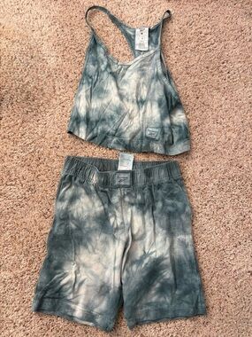 Reebok Green and White Tie-Dye Crop Tank & Shorts Set